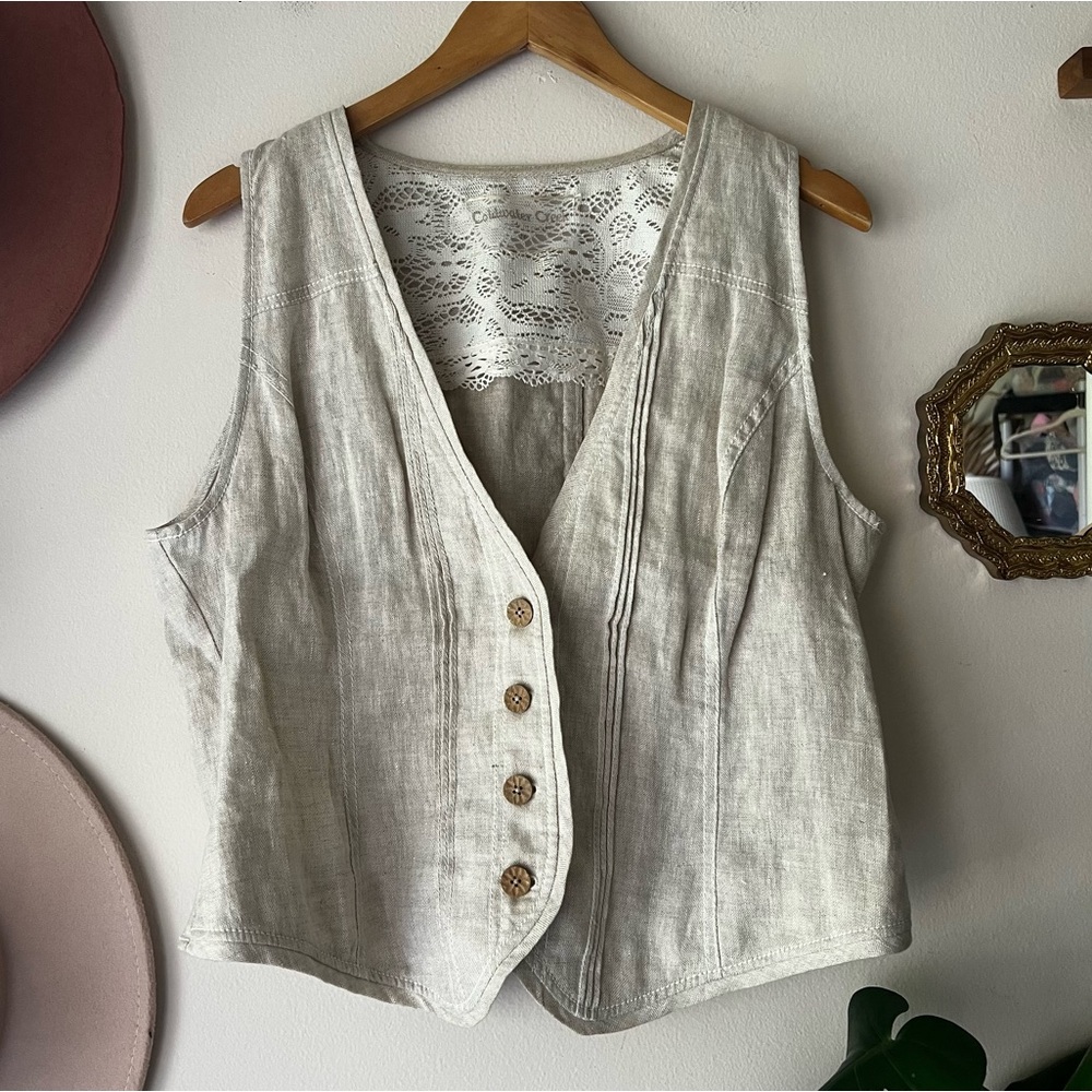 COLDWATER CREEK 100% linen tan Vest Womens SIZE 16 Lagenlook coastal cottagecore